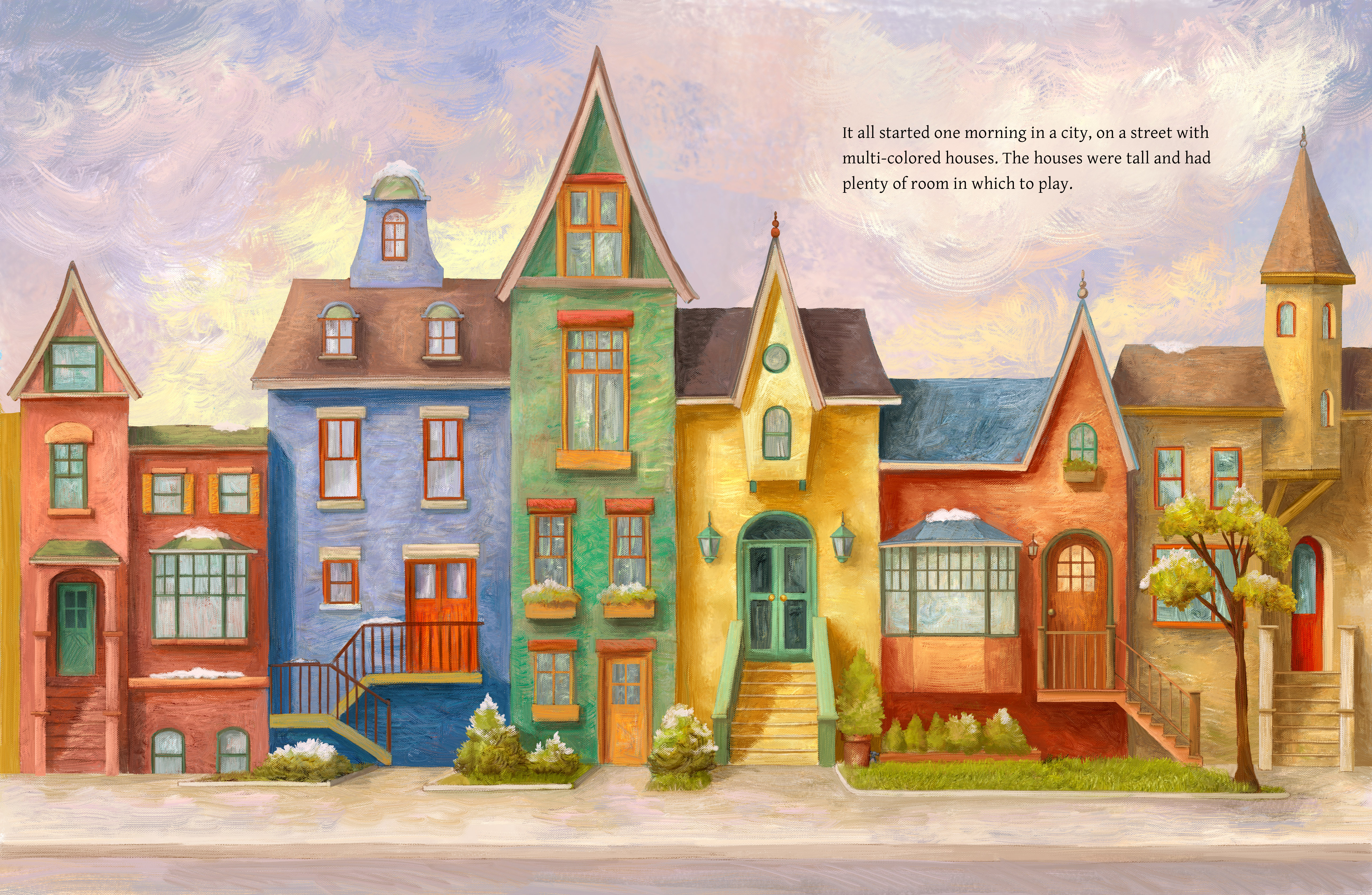 Two-page spread of a colorful city street of houses, from 'Playtime with Izzy'.